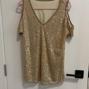 Gold Sequin Cold-Shoulder V-Neck Women's Top